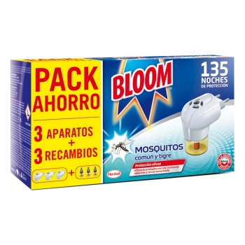 Insecticida Eléctrico Anti Mosquitos Común y Tigre Bloom Pack de 3 Aparatos + 3 Recambios