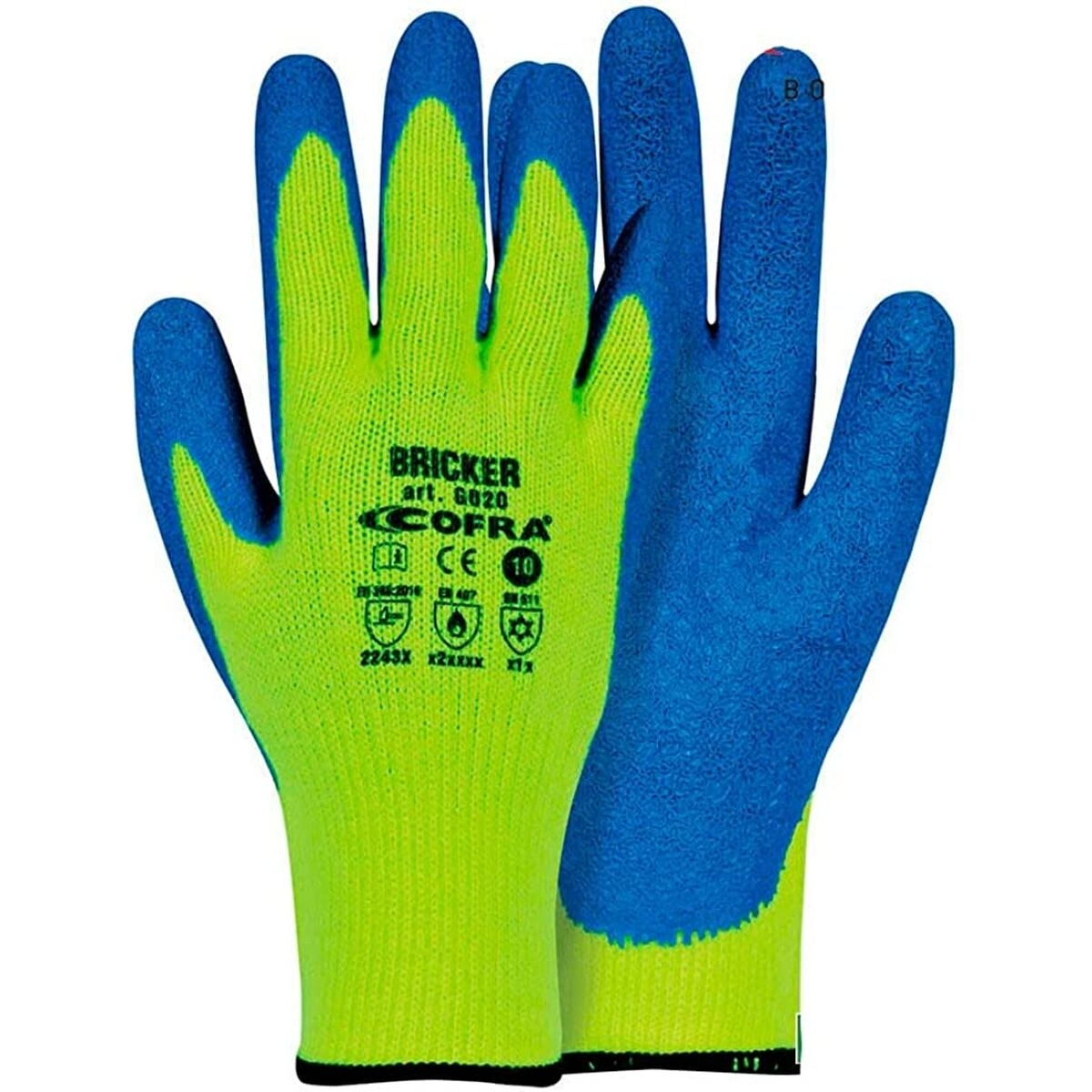 Guantes de Trabajo Cofra Bricker Azul Amarillo Acrílico Látex Fluorescente