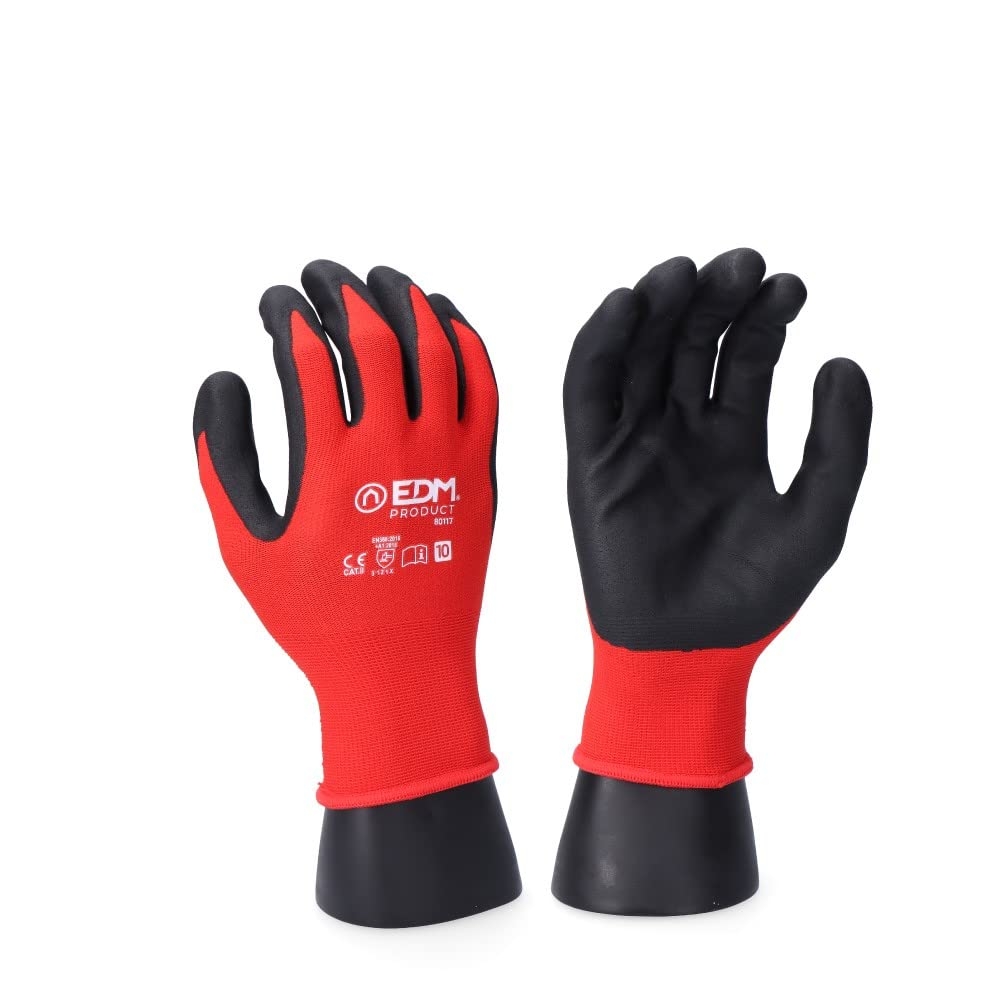 Guantes de Trabajo Edm Nailon Táctil Nitrilo Industriales Rojo Licra